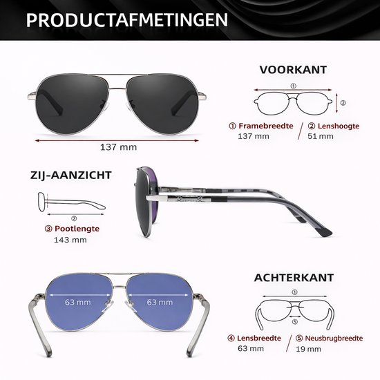 Afmetingen van K left seven pilotenzonnebril: framebreedte 137 mm, lenshoogte 51 mm, pootlengte 143 mm, lensbreedte 63 mm, neusbrugbreedte 19 mm.
