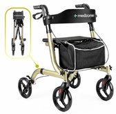 Champagnekleurige Medzone rollator, opvouwbaar met zitting en tas.