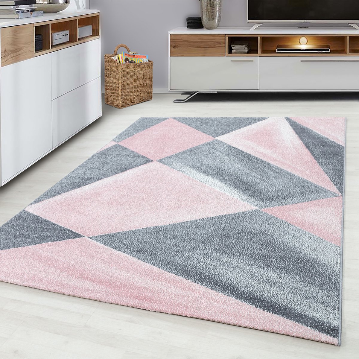 Ayyildiz Kortpolig vloerkleed, geometrisch patroon, roze, woonkamerkleed, jute achterkant, afmeting: 80 x 250 cm