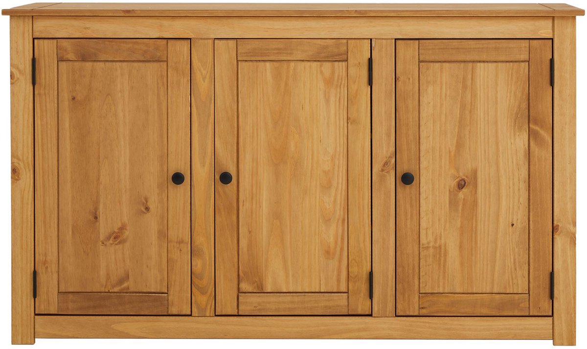 CANCUN dressoir met drie deuren in grenen, gebeitst/gewaxt - vooraanzicht, gesloten deuren, met decoratie