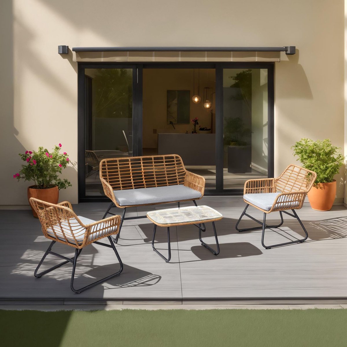 Tuinmeubilair RIVIERA tweezits loungeset 2 fauteuils bijzettafel 119x71x69 cm - zwart bruin - polyrattan [draagvermogen: tweezitter 240 kg, fauteuil 120 kg, tafel 30 kg] - hoofdfoto