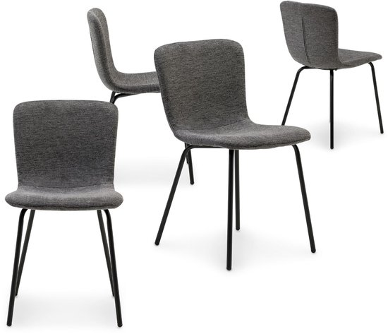 Ensemble de quatre chaises de salle à manger AUDREY anthracite avec assise et dossier rembourrés sur pieds noirs en métal.