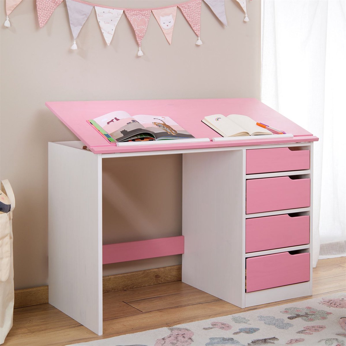 Kinderbureau EMMA van massief grenen in wit/roze, kantelbaar Hoofdafbeelding