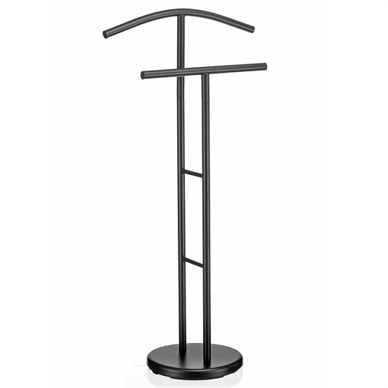 Zwart kledingrek met gebogen hanger en broekhanger, op ronde voet.