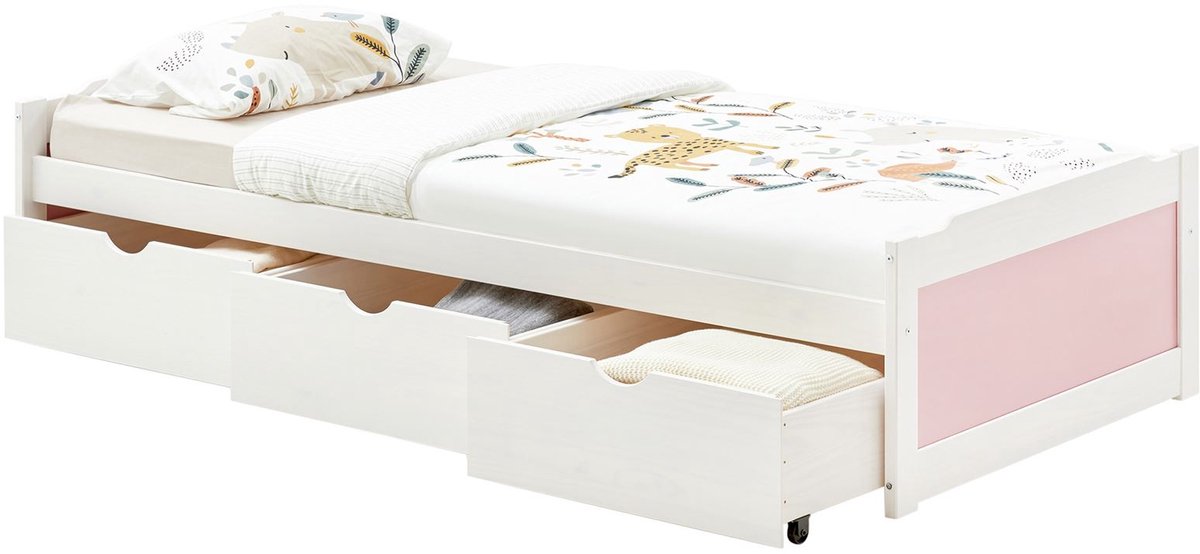 MIA functioneel bed in wit/roze dennenhout 90 x 200 cm met 3 laden