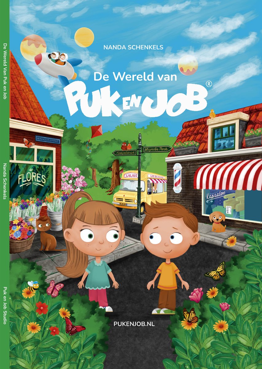 De omslag van het kinderboek 'De Wereld van Puk en Job' met Puk en Job, een bloemenwinkel, een ijssalon en een kapsalon.