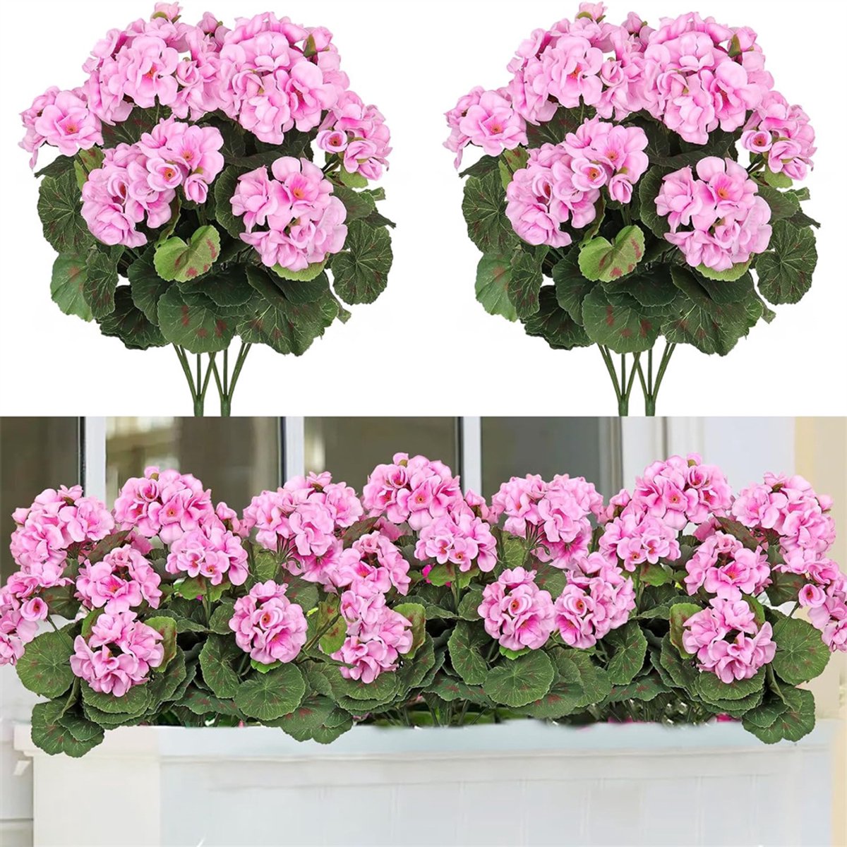 4 stuks kunstmatige geraniumbloemen, UV-bestendige kunstbloemen voor buiten, Realistische kunstgeraniums in een boeket voor huis, tuin, bruiloft, binnen- en buitendecoratie, Roze