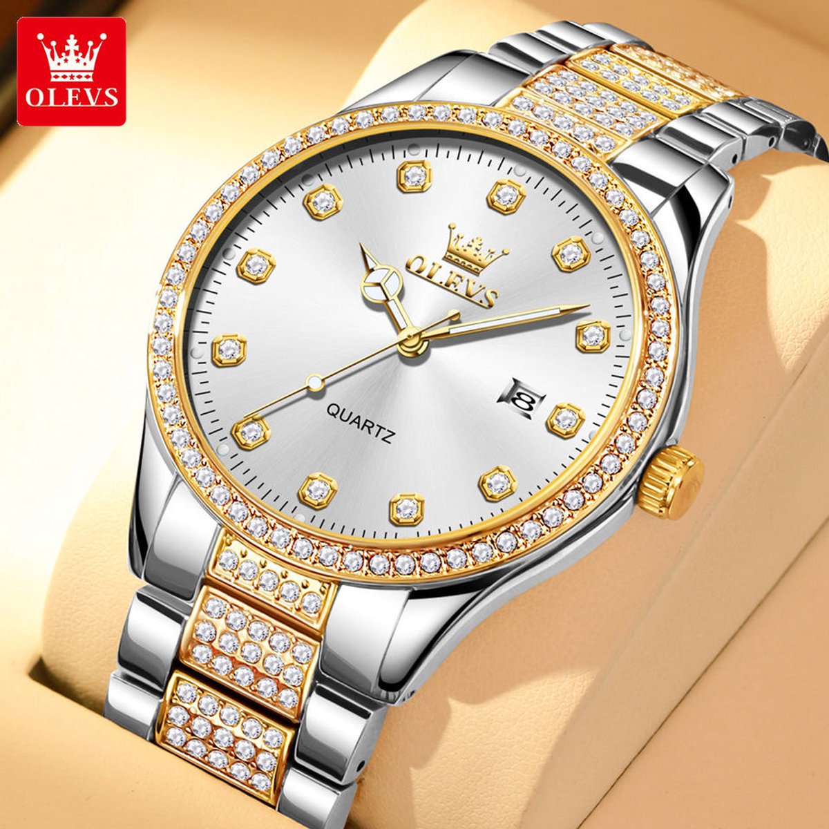 HO-99058.z : Olevs goud-zilverkleurig edelstalen quartz heren horloge, getextureerde schakelband, zilverkleurige wijzerplaat, kalenderdag