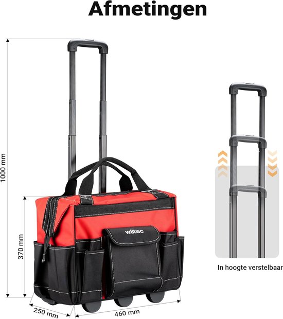 Wiltec gereedschapstrolley met 19 vakken tot 40 kg, gereedschapskoffer met wielen 46 x 25 x 37 cm, trolley voor gereedschappen met versterkte basis, mobiele gereedschapstas voor tools