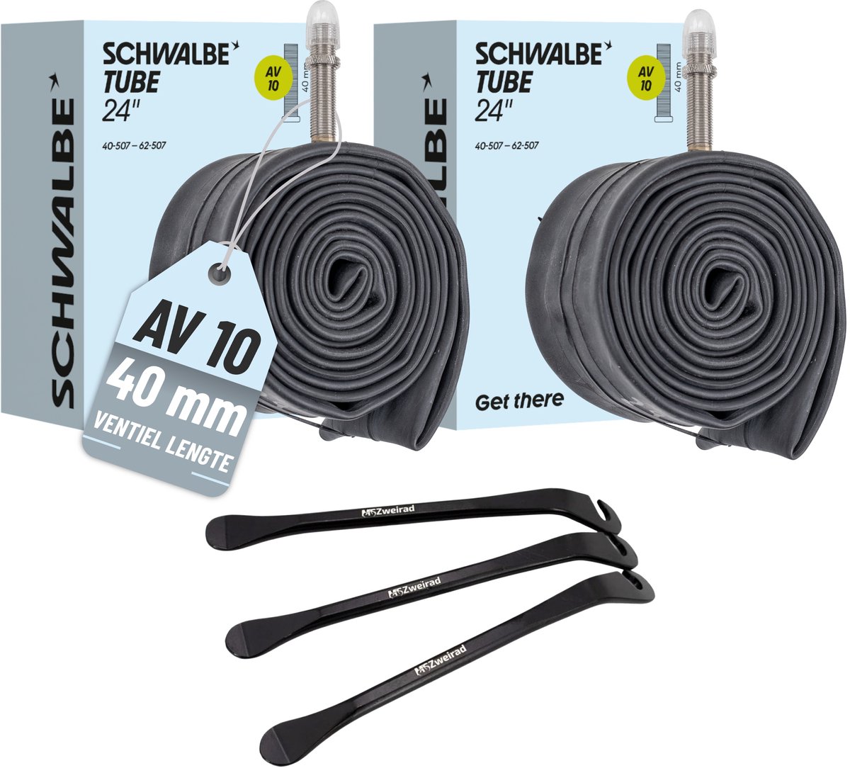 2x Schwalbe AV10 fietsbinnenband 24 inch 40 mm 40/62-507 binnenband + 3x MSZweirad bandenlichters