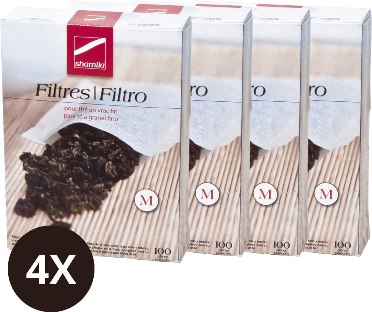 Shamila Theefilters – Set van 4 x 100 stuks – Maat M – Lege theezakjes voor losse thee – Biologisch afbreekbaar & chloorvrij – Wegwerp theefilters – Duurzaam alternatief