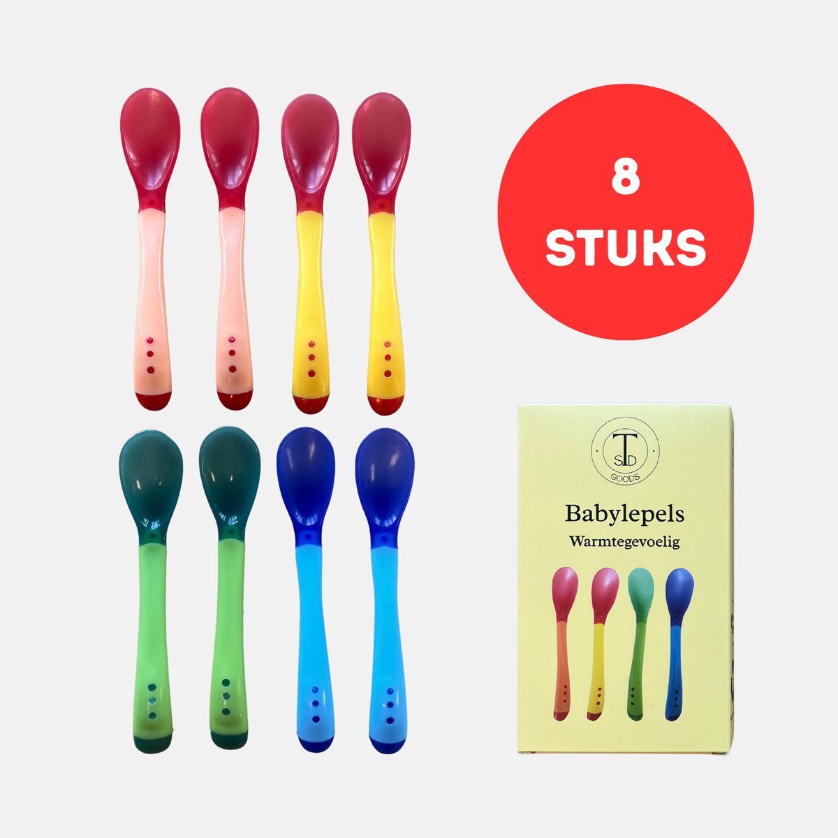 TSD goods kinderbestek Set van 8 lepels - Warmtegevoelig - Soft Spoons 8 Baby - 4 Kleuren Kinder Lepeltjes - Zachte Tuit - Baby Bestek - Per 8 Stuks - Vanaf 3 Maanden