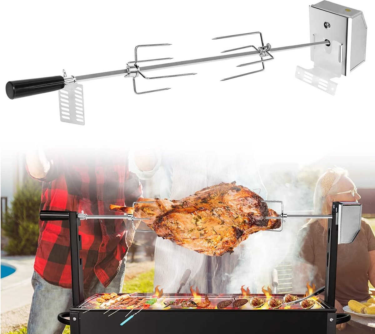 Aufun Roestvrijstalen Spiesenset - Inclusief De Motor En 2 Barbecuespiesen - 107 Cm Barbecuespies - 220 V - 240 V - Geschikt Voor BarbecueëN, Binnen- En Buitengebruik