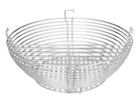 Een grote, ronde metalen grillmand met een centrale staaf en haak.