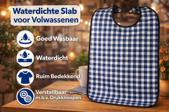 Donkerblauw geruit slabbetje voor volwassenen met waterdichte, wasbare en verstelbare eigenschappen. "Waterdichte Slab voor Volwassenen".