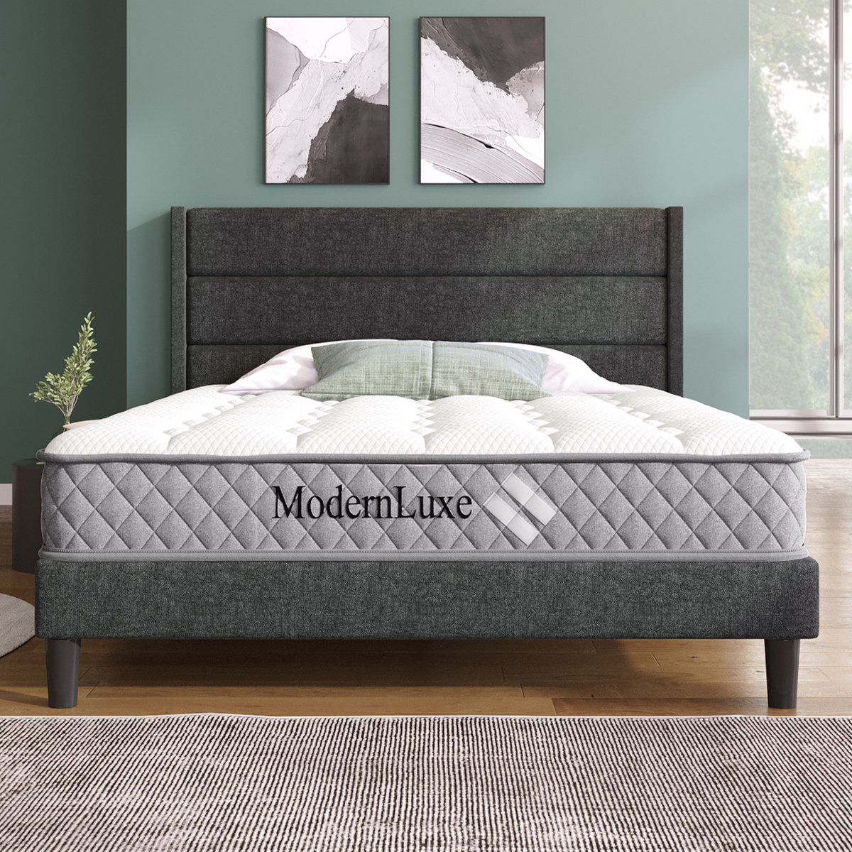 Merax Gestoffeerd bed 140 x 200 cm - met bedframe - lattenbodem en hoofdeinde - tweepersoonsbed - linnen stof - grijs - inclusief matras Donkergrijs