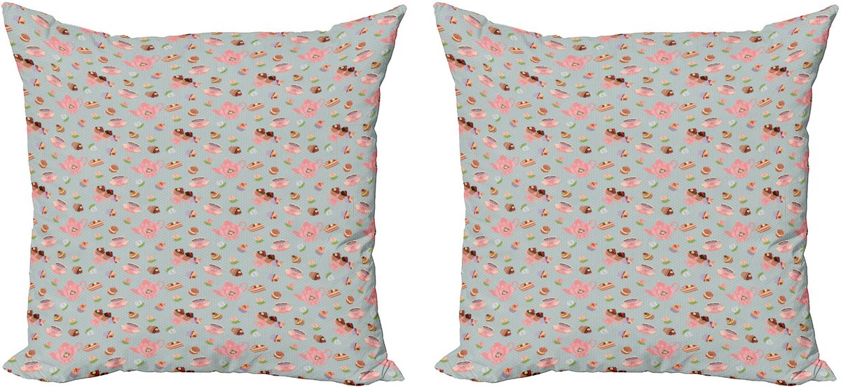 ABAKUHAUS Decoratieve kussenhoezen voor een theekransje, set van 2, bloemen en kleine gebakjes, 40x40 cm, meerkleurig