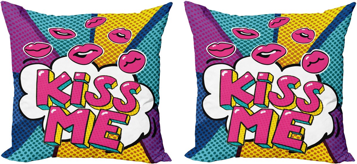 ABAKUHAUS Kiss Decoratieve Kussenhoes 2-pack, Tekstballon Pop Art Stijl, 45x45 cm, Meerkleurig Roze