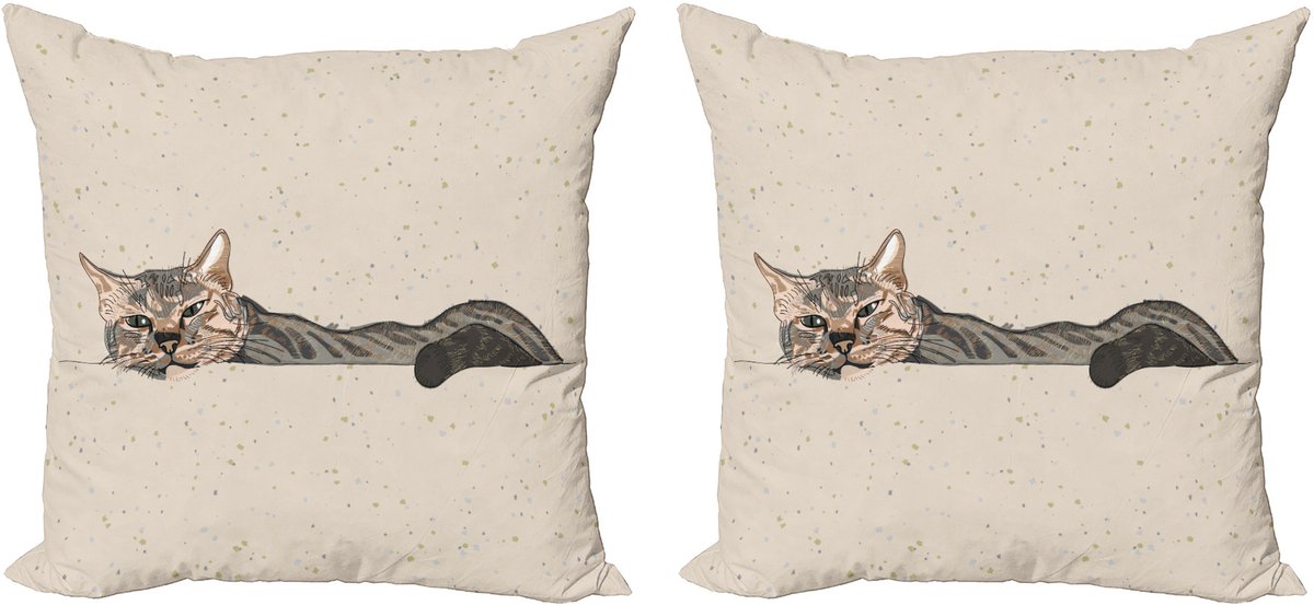 ABAKUHAUS Decoratieve kussenhoes met katmotief, 2 stuks, Lazt Slaperige Kat, 45x45 cm, beige grijs