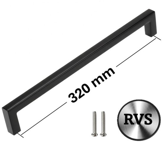 Poignée noire en acier inoxydable de 320 mm, avec deux vis.