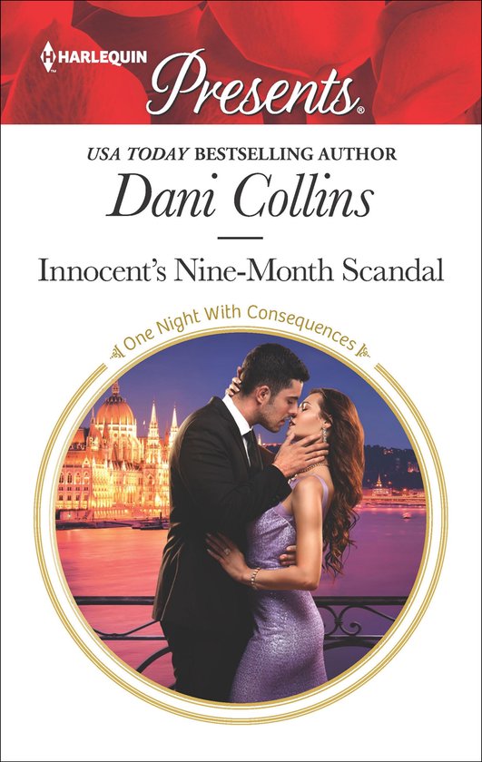 Omslag van 'Innocent's Nine-Month Scandal' door Dani Collins, met een man en vrouw die elkaar kussen voor een gebouw aan het water.