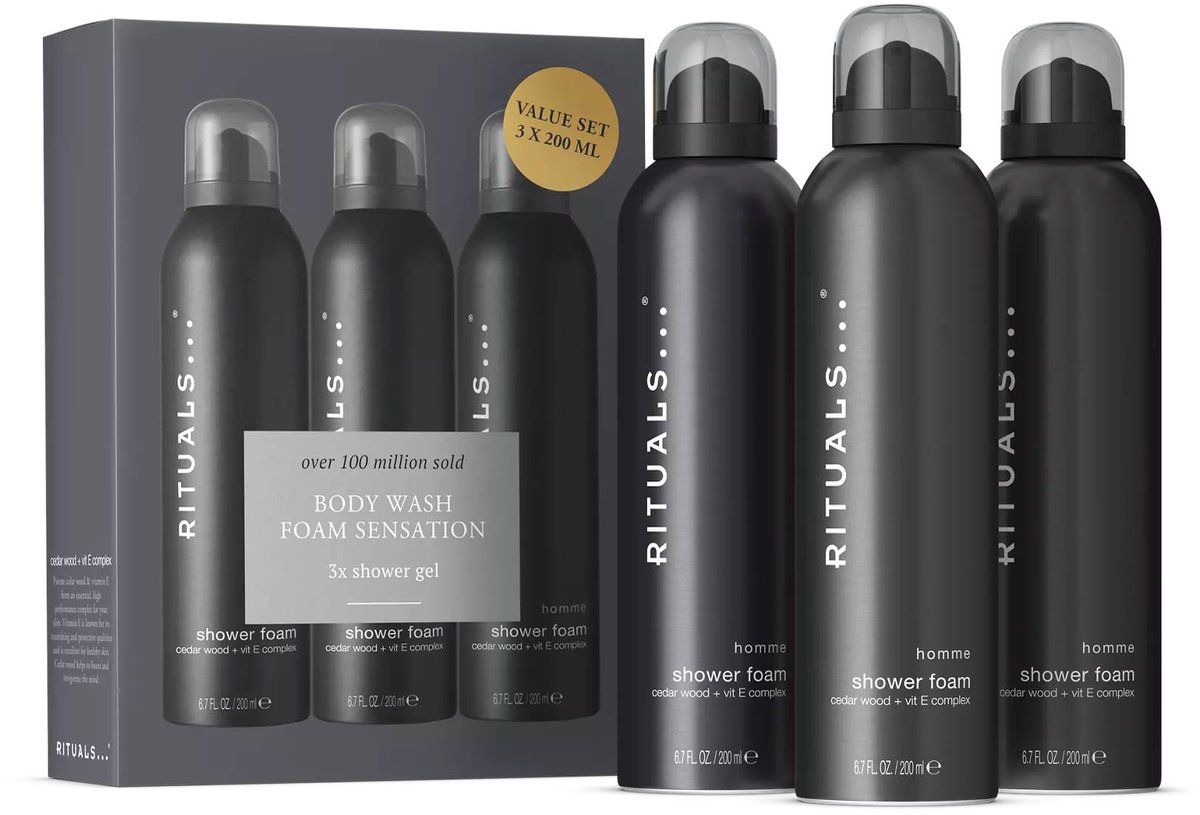 Rituals - Doucheschuim - 3x 200 ml - Ritual of Homme - Cederhout Vitamine E Complex - Foaming Shower Gel - Douchegel - Badschuim - Douchefoam - Shower Foam - Douche Foam - 3 Producten - Geschenkset Mannen - Heren - Man