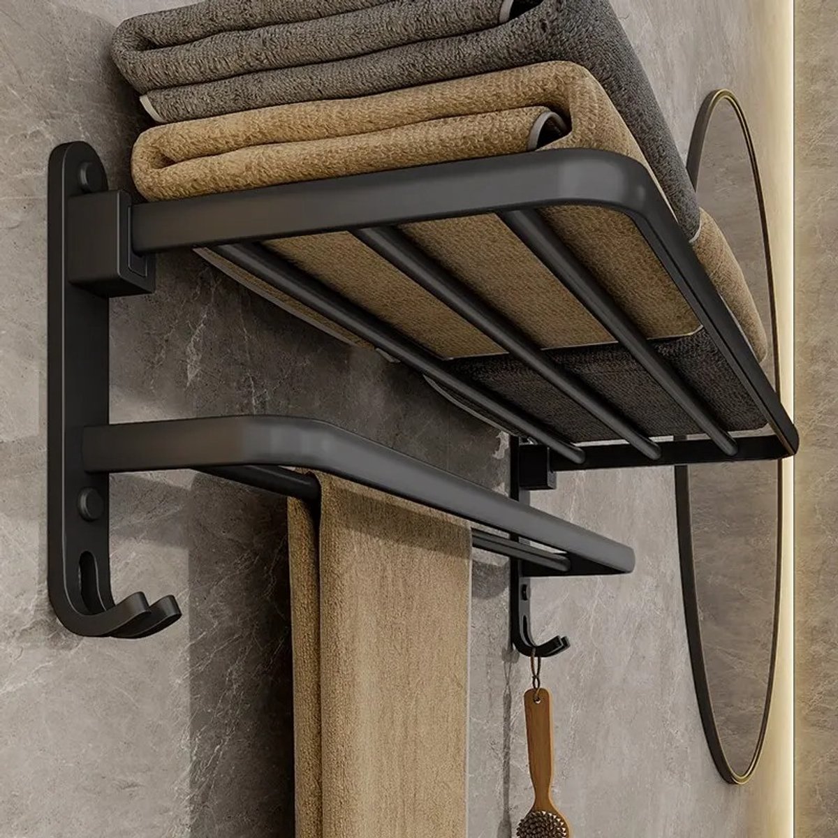 Matte Zwarte 50CM Opvouwbare Houder Met Haak Handdoekhouder Muurbevestiging
