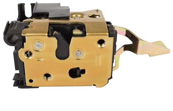 Deurvergrendelingsmechanisme met gouden metalen delen en zwarte plastic behuizing.