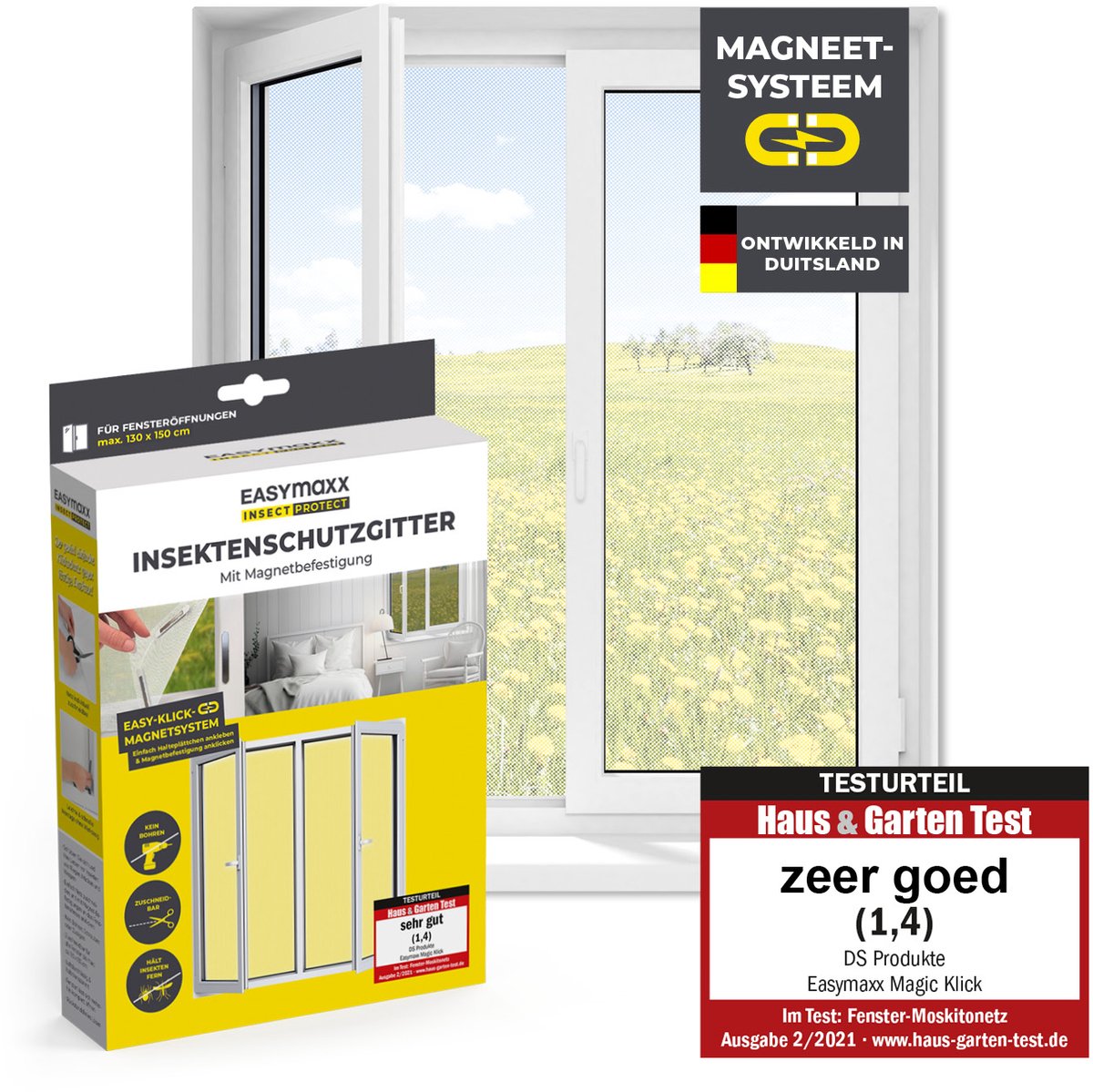 EASYmaxx Insect Protect Vliegengaas voor ramen met magnetische bevestiging, op maat te snijden muggennet, insectenbescherming voor ramen tot 130 x 150 cm, muggenbescherming, magneet, eenvoudige, wit, 1 stuk