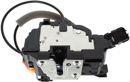 Centrale deurvergrendeling, zwart met metalen onderdelen en oranje accenten, met een kabel en schuimisolatie.