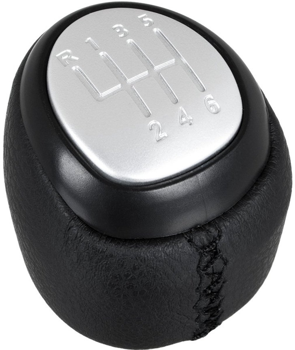 MODECAR Saab 9-3 Serie - Versnellingspookknop - Zwart Eco-leer - Zilver 6 Versnellingen
