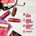 Twee Rimmel London blush sticks, vintage cassettebandjes, koptelefoon en een boek. Tekst: Cheeky pigments that pop. No grease, no crease, no clogged-up drama. No cakey mess, just smooth blending with every brush. Waterproof.