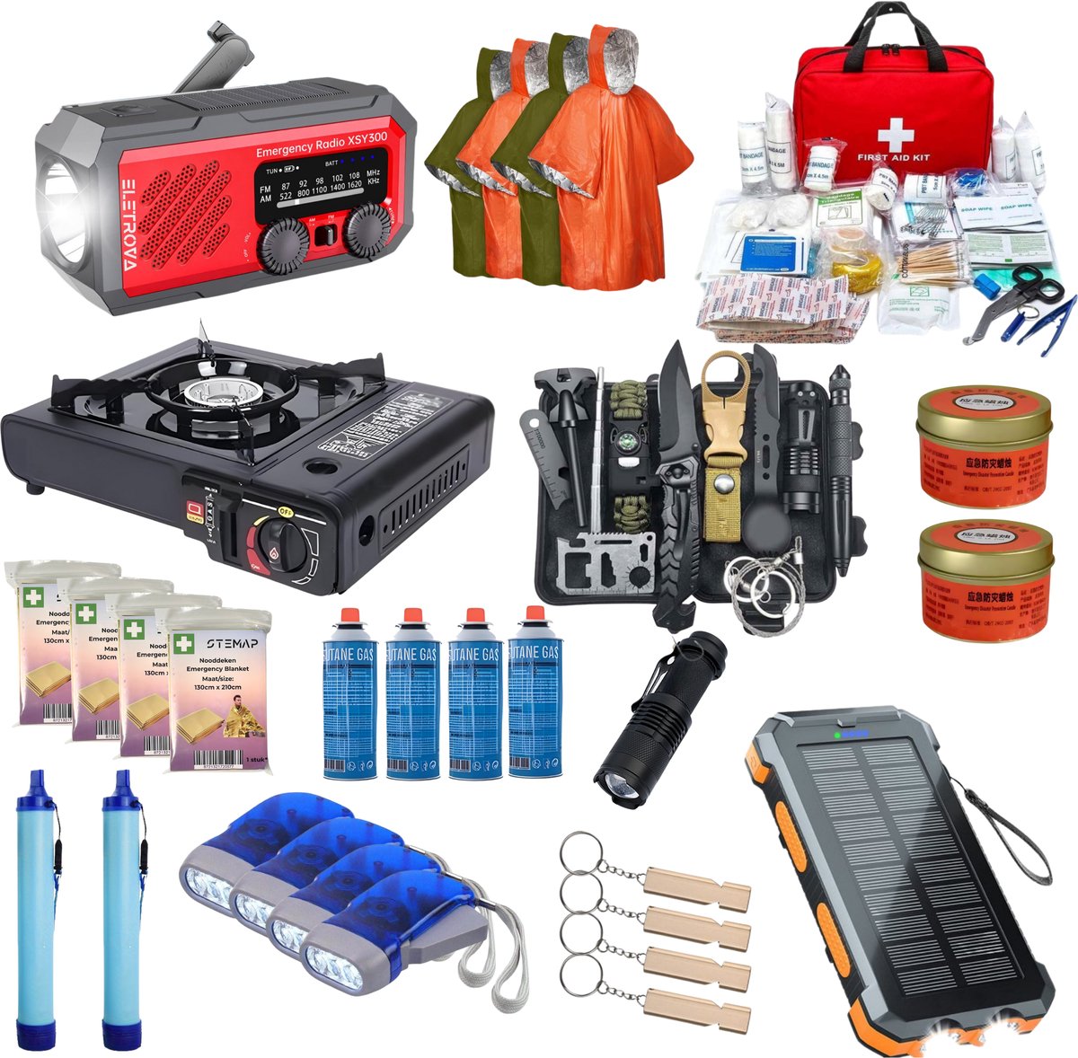 Stemap Familie Noodpakket voor Thuis - Gasstel - Noodradio 2.000mAh Opwindbaar - 10.000mAh Solar Powerbank - survival kit - 228-delig - vuurstarter - zakmes - Nooddeken - Noodfluitje - Waterfilter