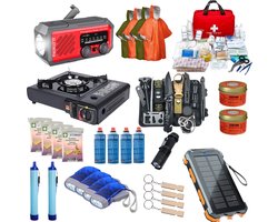 Stemap Familie Noodpakket voor Thuis - Gasstel - Noodradio 2.000mAh Opwindbaar - 10.000mAh Solar Powerbank - survival kit - 228-delig - vuurstarter - zakmes - Nooddeken - Noodfluitje - Waterfilter