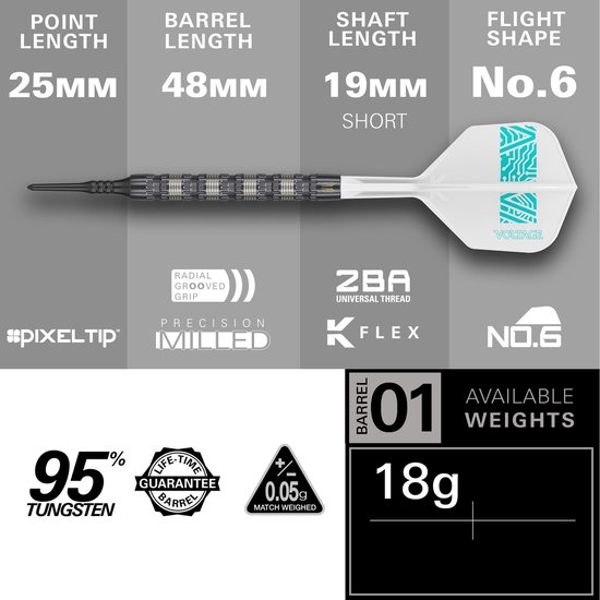 TARGET Darts Rob Cross 95K Soft Tip 95% Tungsten Dart Set, 18G - Voltage Player-Edition Dart Set met Pixel Tips, K-Flex Flights, Elektronische dartsset met zachte punten van Target — afbeelding 4