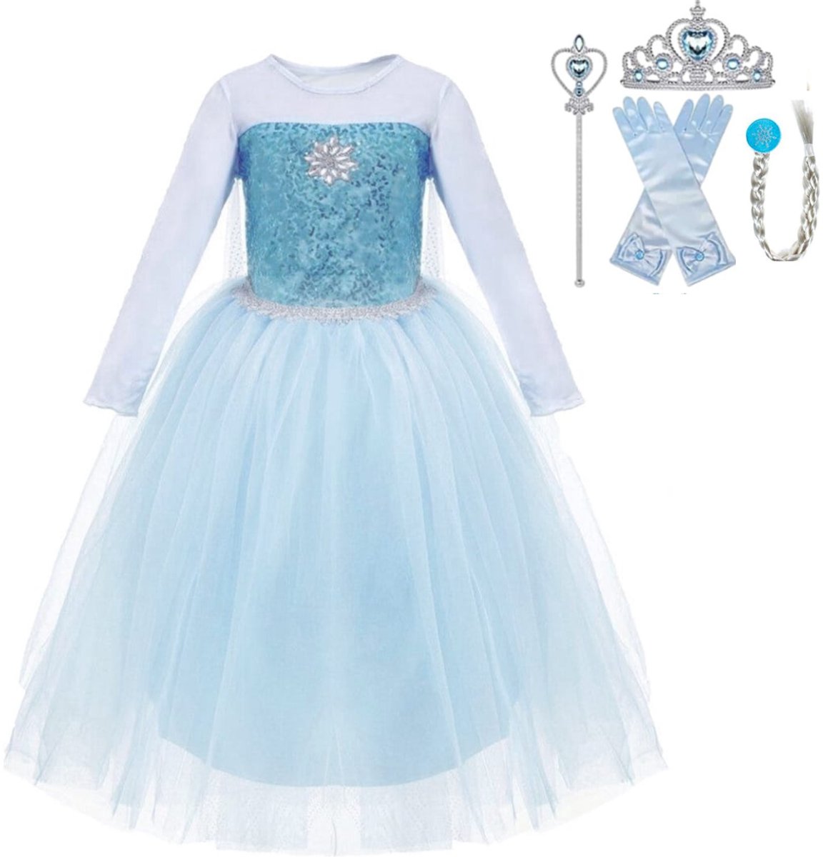Frozen verkleedkleding - Prinsessenjurk meisje - Elsa jurk - Het Betere Merk - Prinsessenkroon - 122/128 - tiara - Toverstaf - Lange Prinsessenhandschoenen - Haarvlecht - Juwelen - Prinsessen
