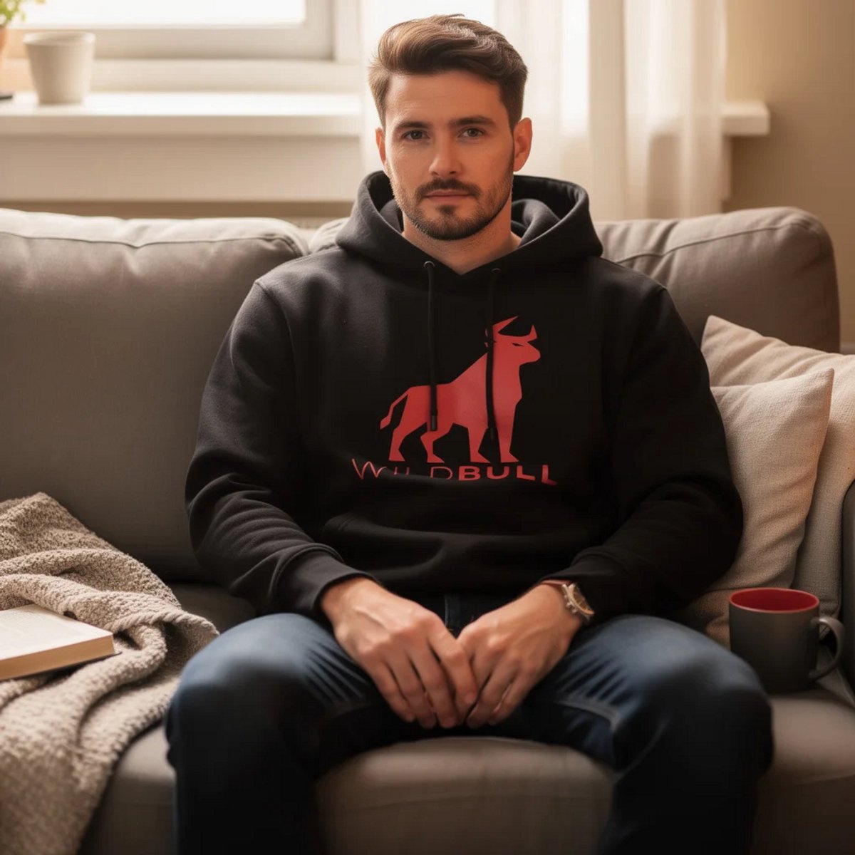 WildBull Premium Heren Zwarte Hoodie met Gedurfd Bull-logo Stijlvolle Comfortable Casual Streetwear Trui