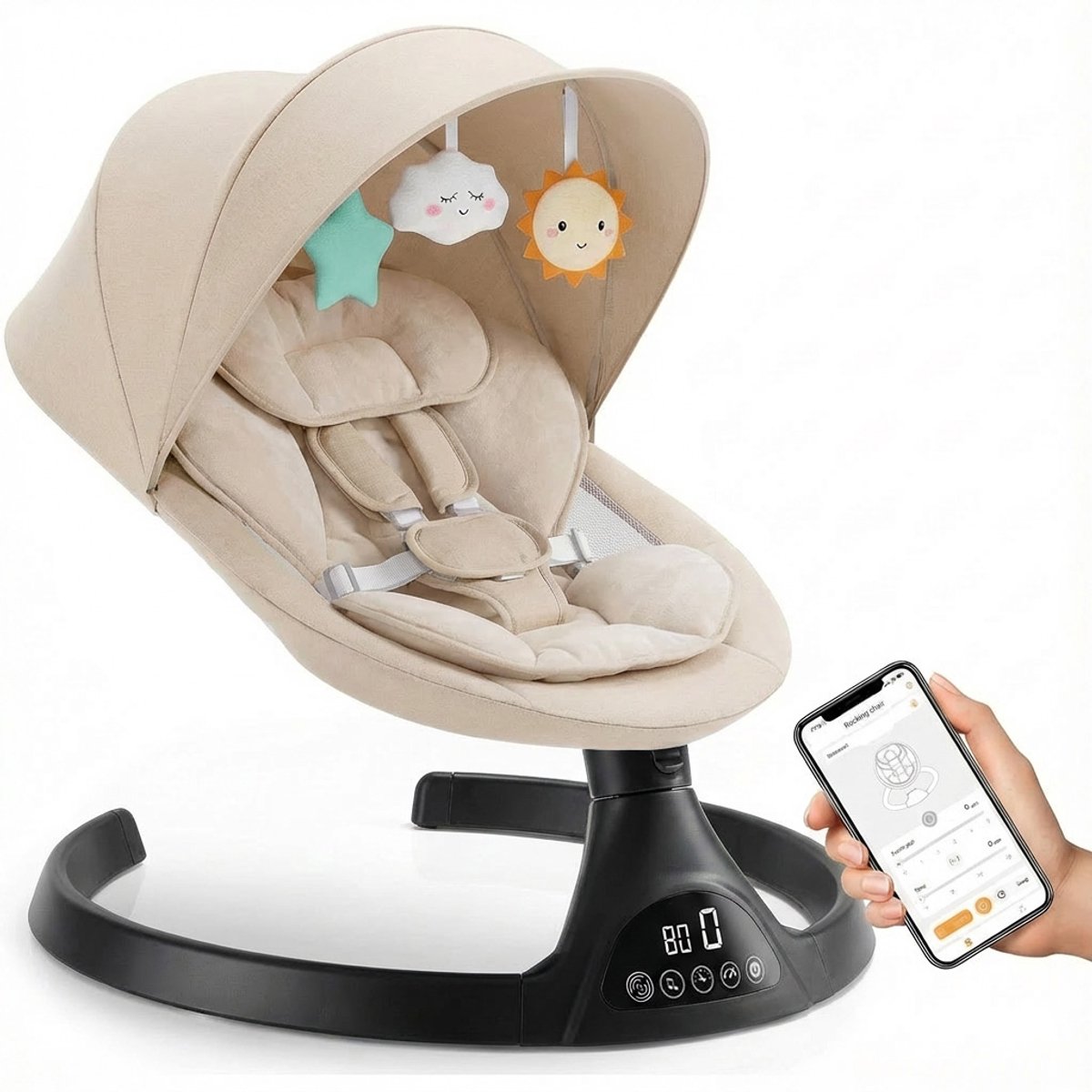 3Babies® Baby Swing – Elektrisch Wipstoel – Babyschommel – Elektrische Schommelstoel baby – Verstelbaar – Wasbare Bekleding – Afstandsbediening en App – Beige en zwart