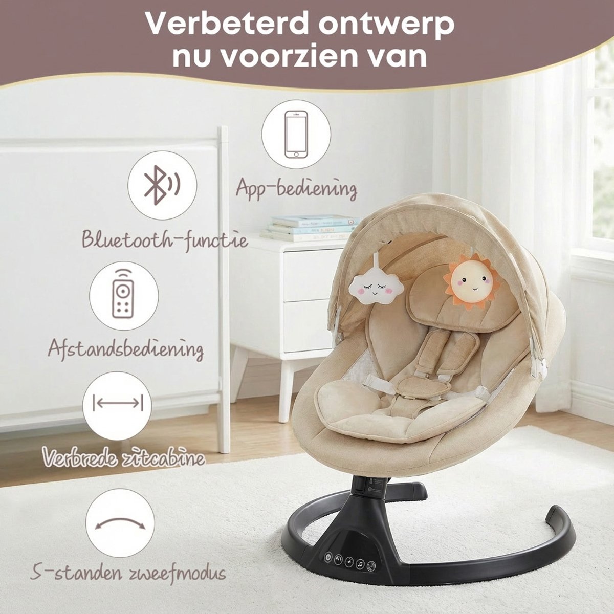 3Babies Baby Swing - Elektrisch Wipstoel - Beige en zwart thumbnail 3