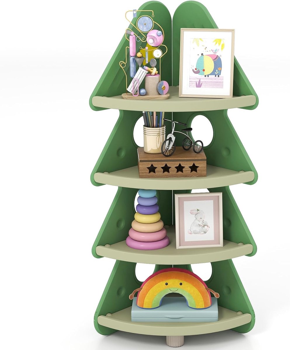 KOMFOTTEU HDPE kinderboekenkast voor in de hoek, 4-laags plank in de vorm van een kerstboom met sterrenstickers, opbergmeubel voor kinderboeken en speelgoed