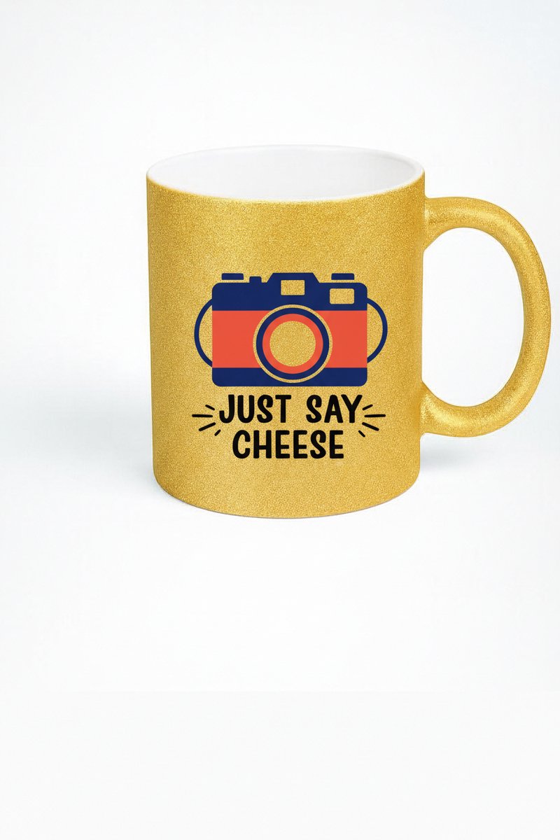 Gouden Glitter Mok - Just Say Cheese - Cadeau voor Fotografen