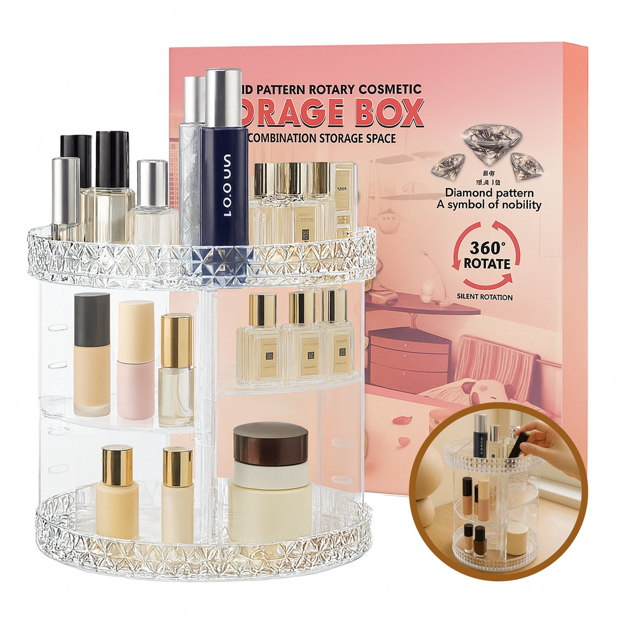 DIVERZA Roterende Make-up Organizer 360° – Draaibare Cosmetica Organizer van Acryl – Verstelbare Make-up Toren voor Verzorgings- en Schoonheidsproducten