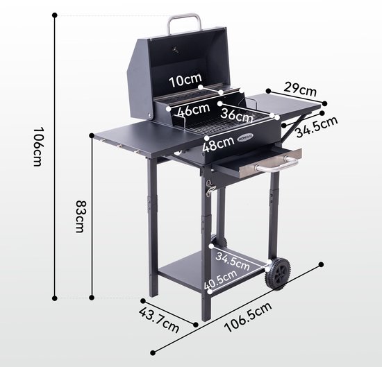 HOMAVO Houtskoolbarbecue, Barbecue met Deksel, Grilloppervlak: 45×32 cm, 2-standig in hoogte verstelbare kolenbak, Bijzettafel, Thermometer van Merkloos — afbeelding 2