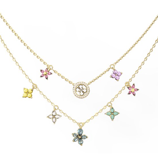 GUESS halsketting Secret Garden 16-18" Two Rows Flowers Necklace Yellow Gold / Multicolor goudkleurig