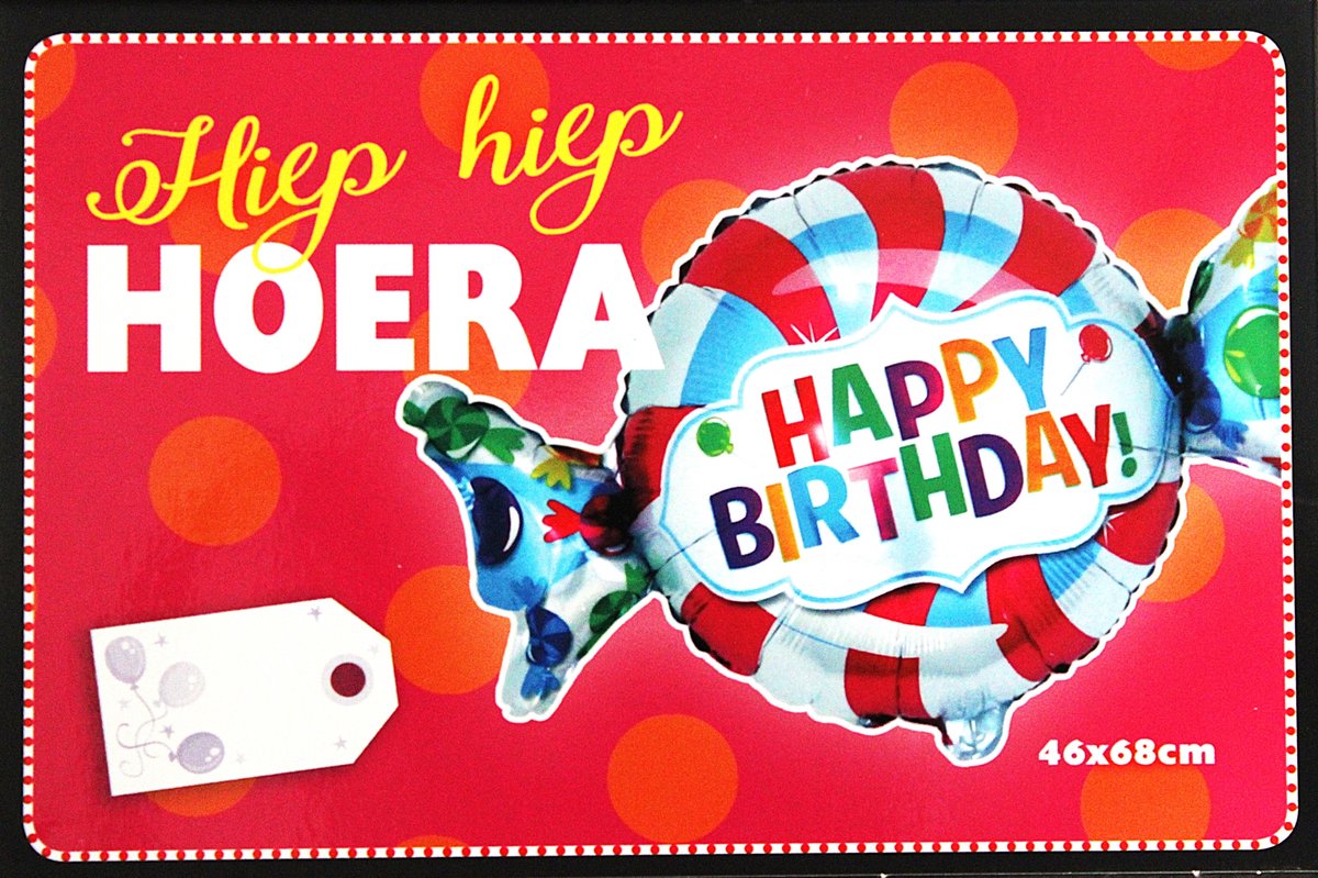 Folieballon Verjaardag - Folie Ballon - Hiep Hiep Hoera - Happy Birthday - 46X68cm - Met Kadolabel