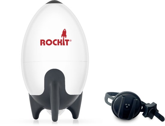Witte rakketvormige babyrocker met donkergrijze voet, naast een zwarte houder.