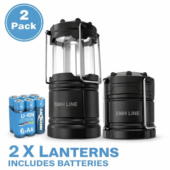 SMH LINE® Camping Lamp - 2 Stuks - Kampeerlamp - Incl. Batterijen - Noodlamp - LED - lantaarn - Kampeerlamp - Tentlamp - Zwart