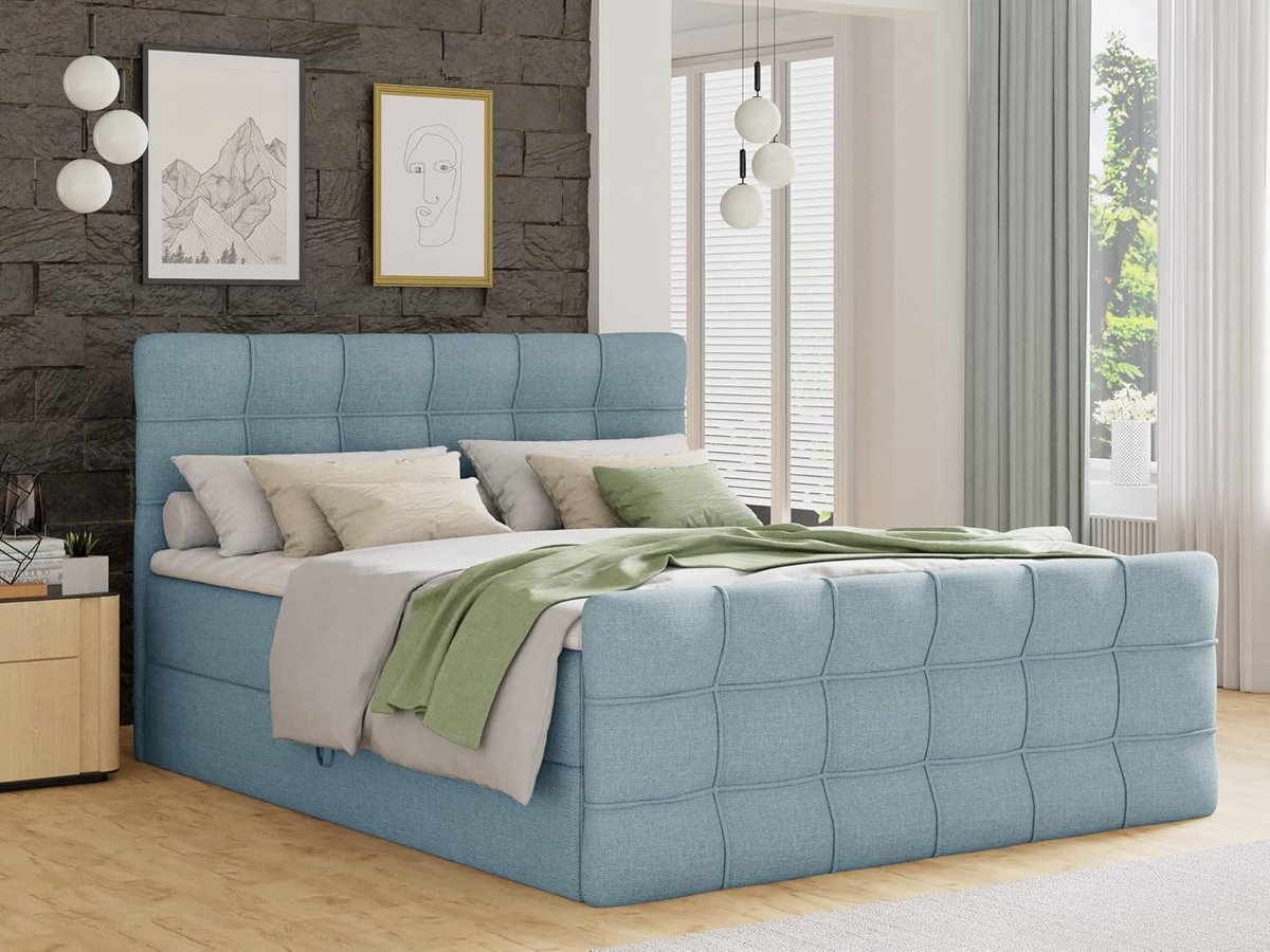 Boxspringbed 140x200 met opbergruimte, Bonell-matras en topper – tweepersoonsbed met 2 bedladen en voeteneinde – Pauwhome Luxora Storage