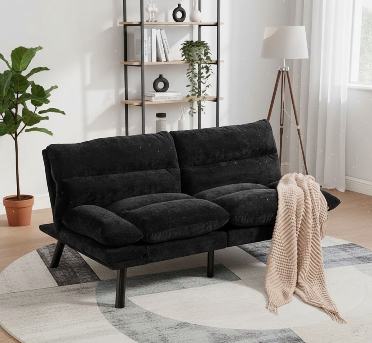 Elegance 2-zits Slaapbank – Moderne Verstelbare Sofa met Chenille Bekleding, Metalen Poten, Comfortabele Tweepersoonsbank voor Woonkamer, Appartement of Logeerkamer – Zwart, Beige, Geel House&Garden