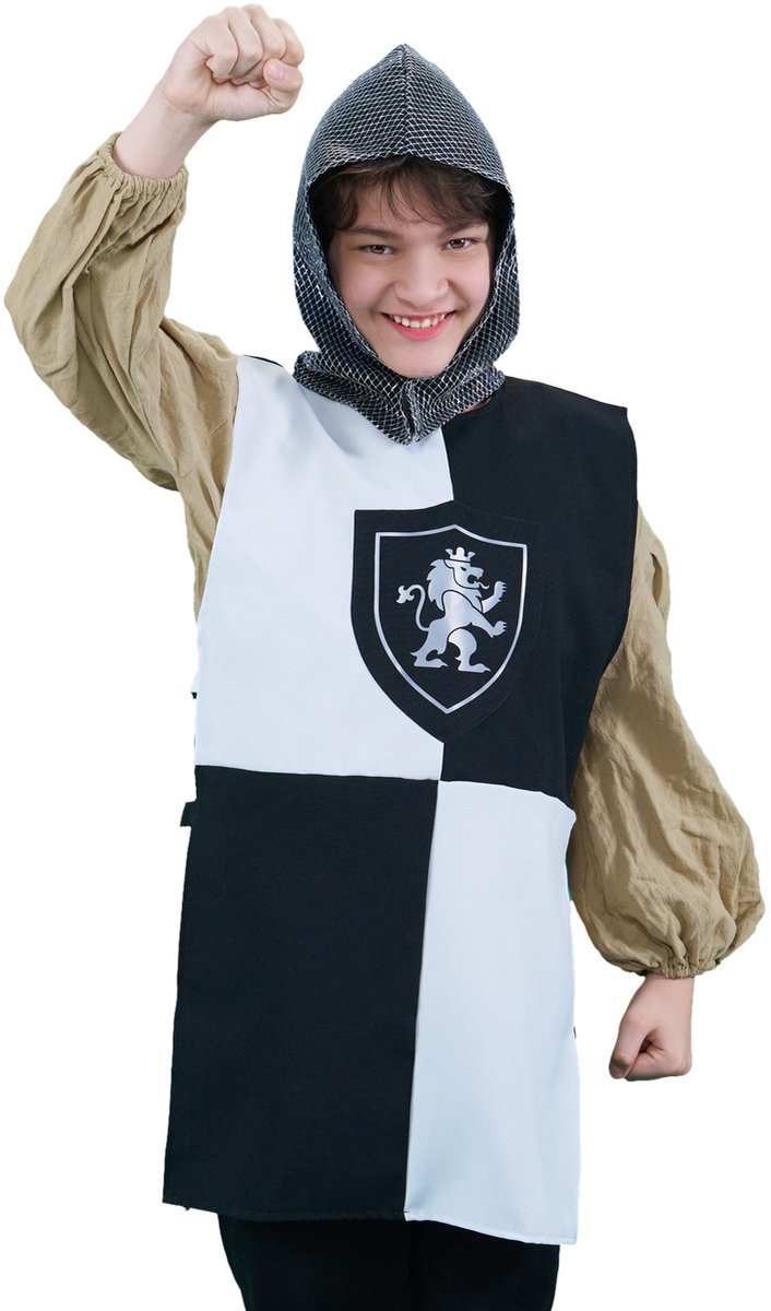 Zebra & Friends Ridder Edward Kostuum - 7-8 jaar -maat 128- Verkleedset - Ridderkostuum - Ridderpak - Carnavalskleding - Verkleedkleding - Zwart/wit